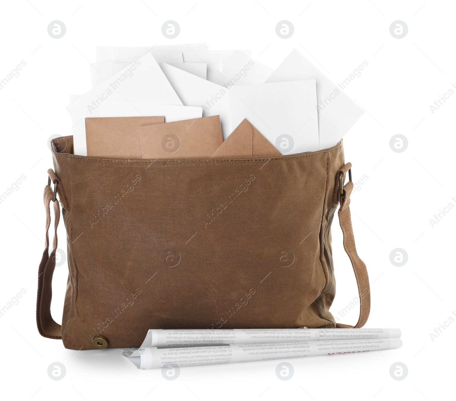 Photo of Brown postman bag with mails and newspapers on white background