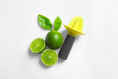 Flat lay composition with lime, mint and juicer on light background. Refreshing beverage ingredients