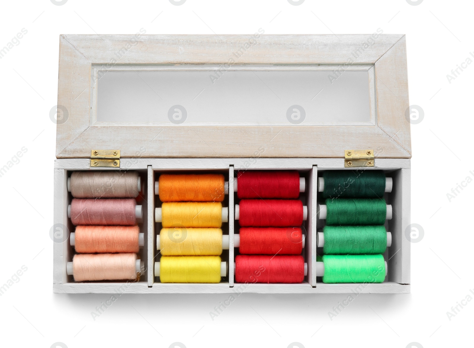 Photo of Container with set of color sewing threads on white background