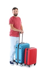 Photo of Man with suitcases on white background. Vacation travel