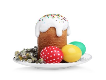 Photo of Traditional Easter cake, pussy willows and colorful eggs isolated on white