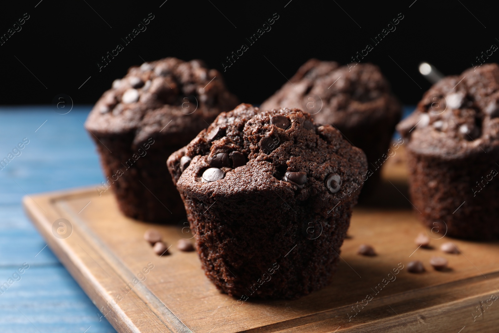 Photo of Board with delicious chocolate muffins on blue table, closeup