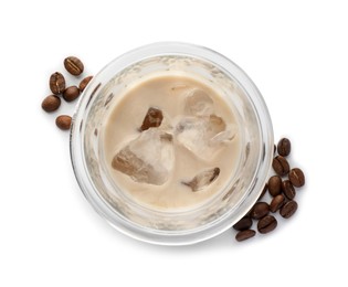 Glass of coffee cream liqueur with ice cubes and beans isolated on white, top view