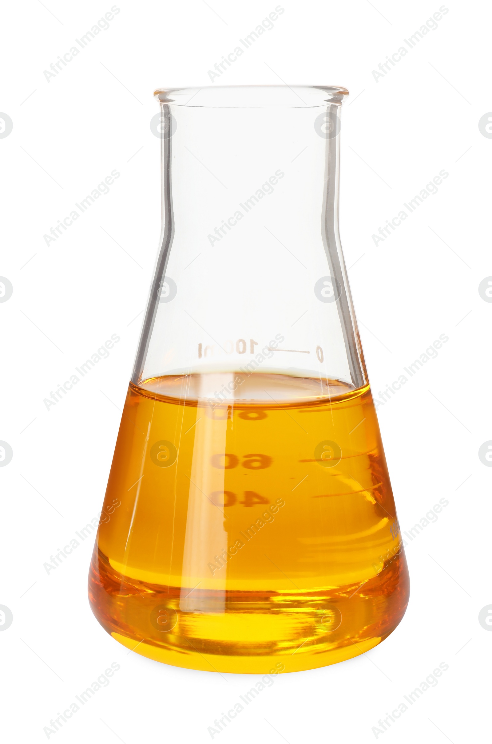 Photo of Flask with orange crude oil isolated on white