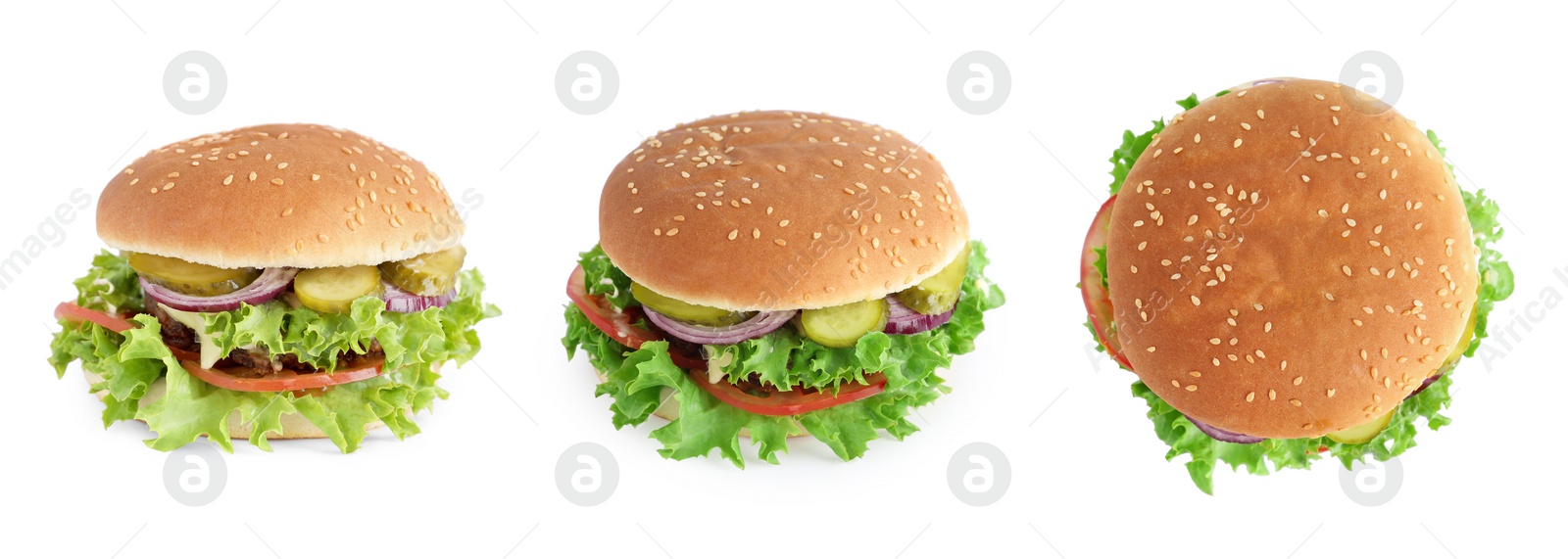 Image of Collage with delicious burger on white background, top and side views