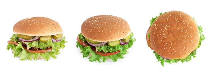 Image of Collage with delicious burger on white background, top and side views