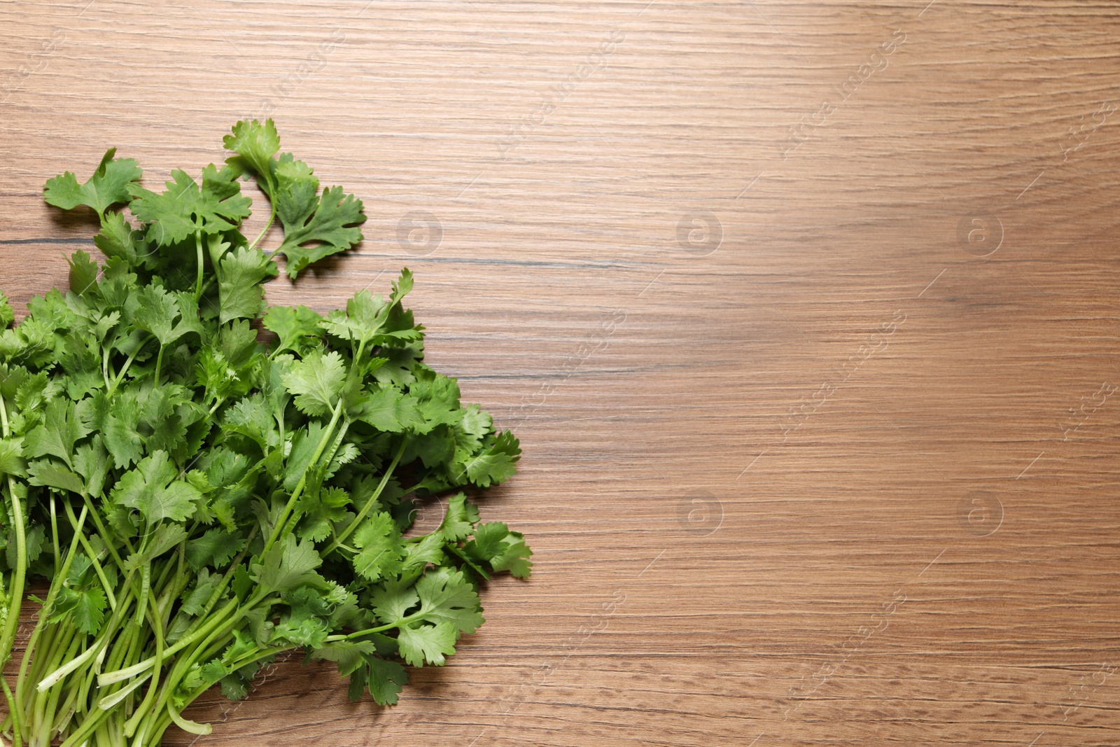 Photo of Bunch of fresh aromatic cilantro on wooden table, top view. Space for text