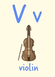 Illustration of Learning English alphabet. Card with letter V and violin, illustration