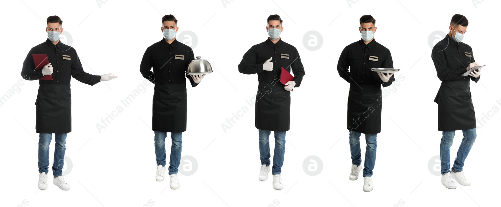 Image of Collage with photos of waiter wearing medical mask on white background. Protective measures during coronavirus outbreak, banner design