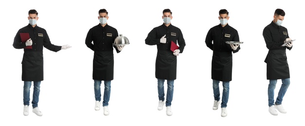 Image of Collage with photos of waiter wearing medical mask on white background. Protective measures during coronavirus outbreak, banner design