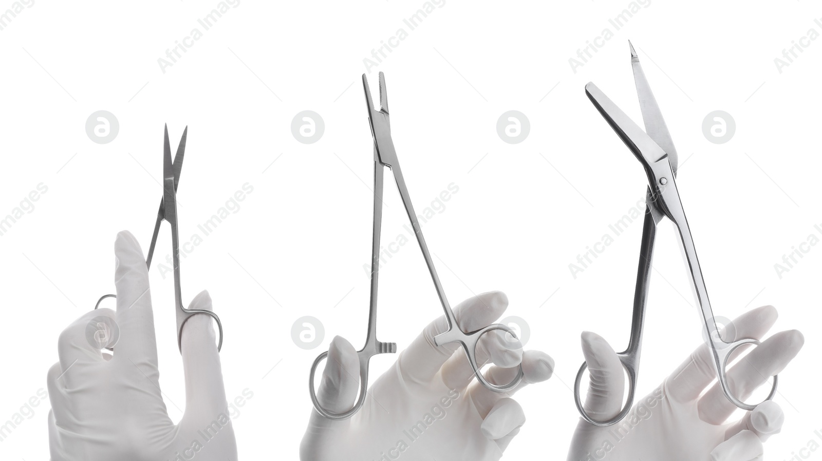 Image of Collage with photos of doctors holding different surgical instruments on white background, closeup. Banner design