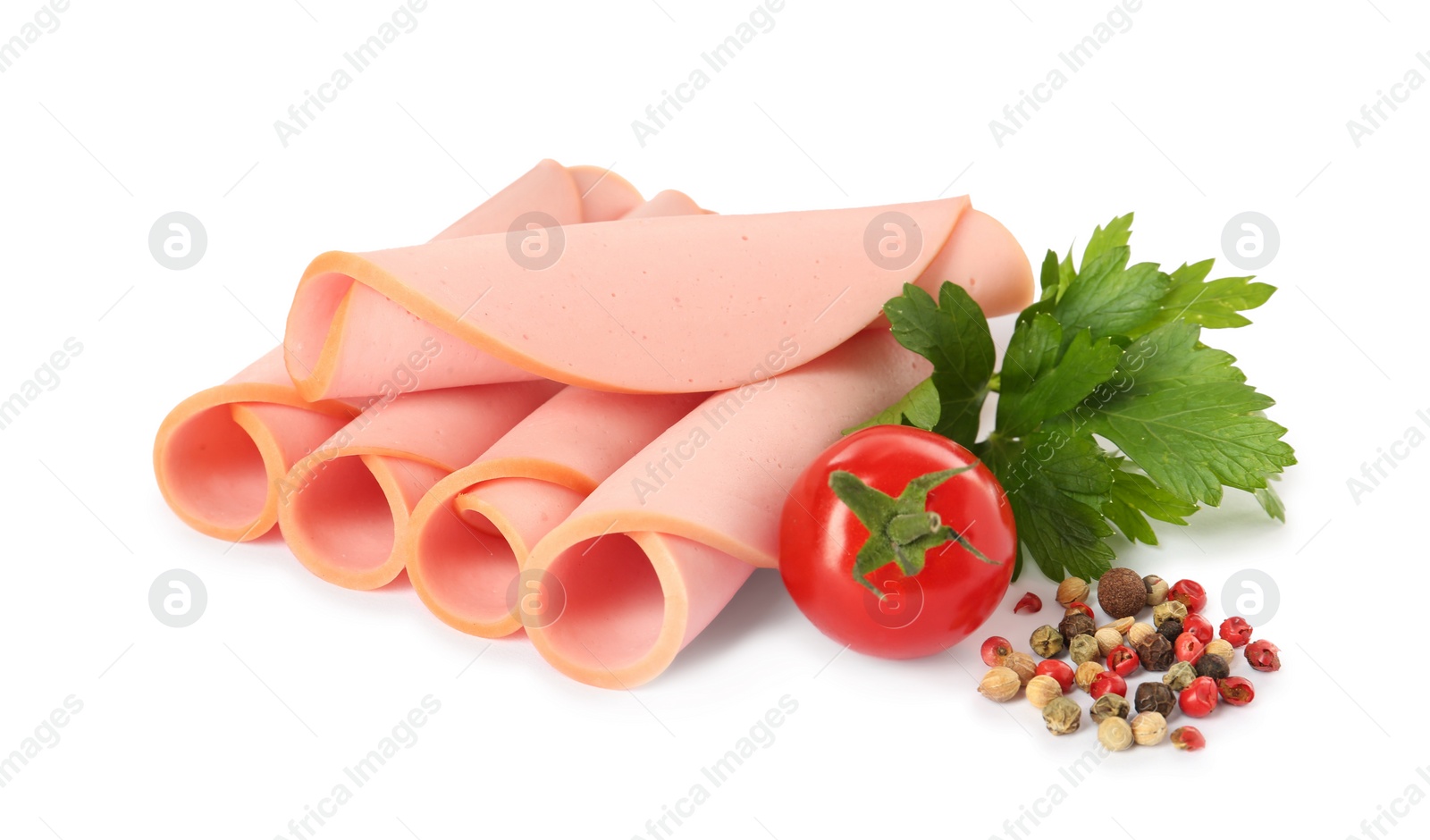 Photo of Slices of delicious boiled sausage with parsley, tomato and pepper on white background