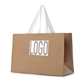Paper shopping bag with logo on white background