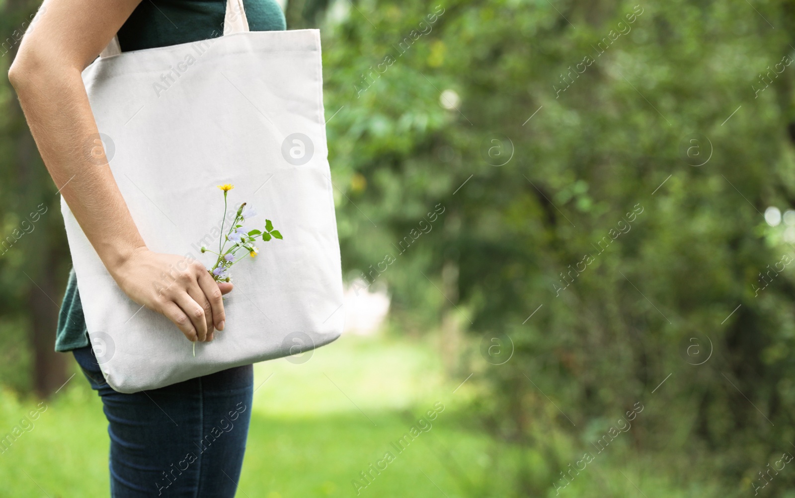 Photo of Woman with eco bag outdoors. Mockup for design