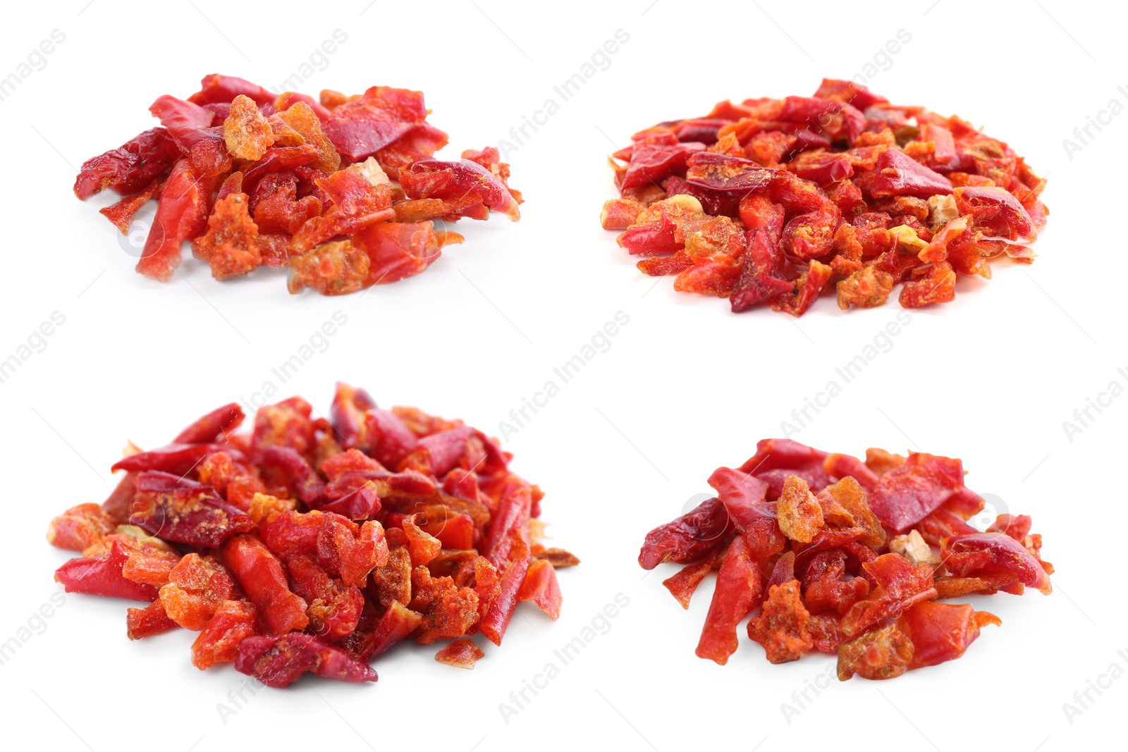 Image of Aromatic spices. Red chili pepper flakes on white background