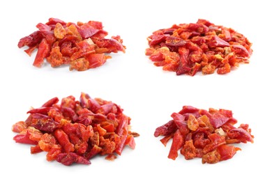 Image of Aromatic spices. Red chili pepper flakes on white background