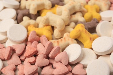 Photo of Many different vitamins for pets as background, closeup
