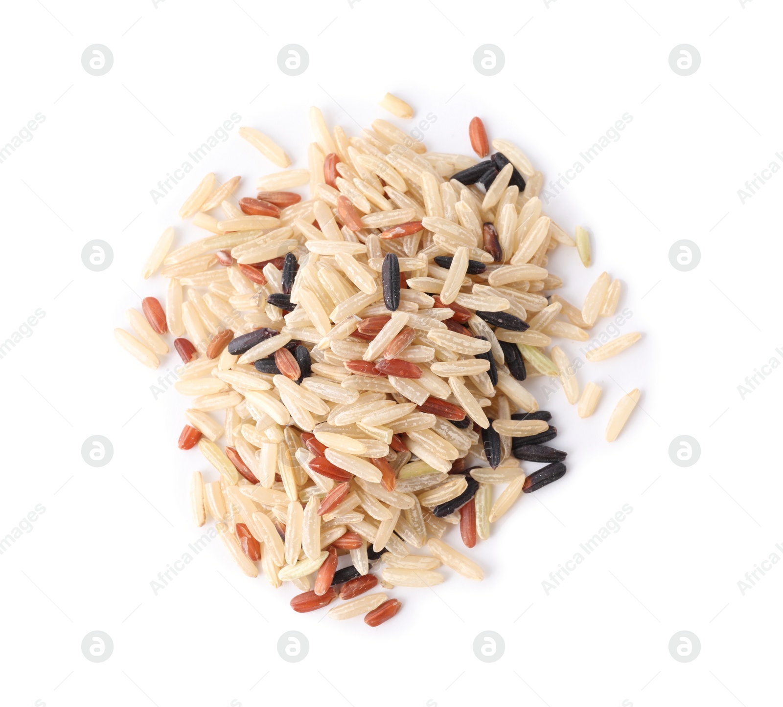 Photo of Different sorts of brown rice isolated on white, top view