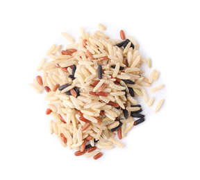 Photo of Different sorts of brown rice isolated on white, top view