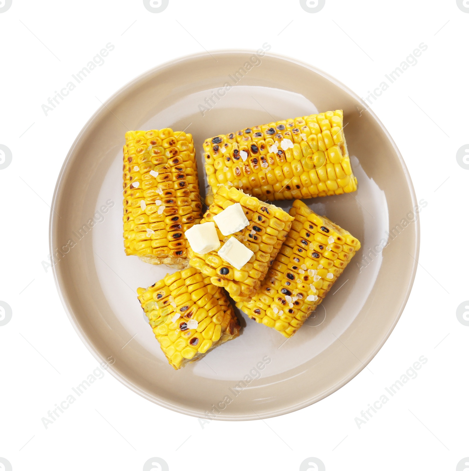 Photo of Plate with tasty grilled corn cobs on white background, top view