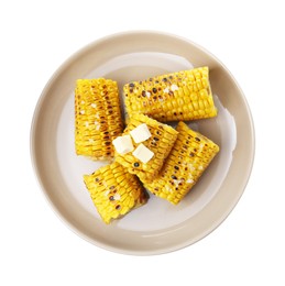 Photo of Plate with tasty grilled corn cobs on white background, top view