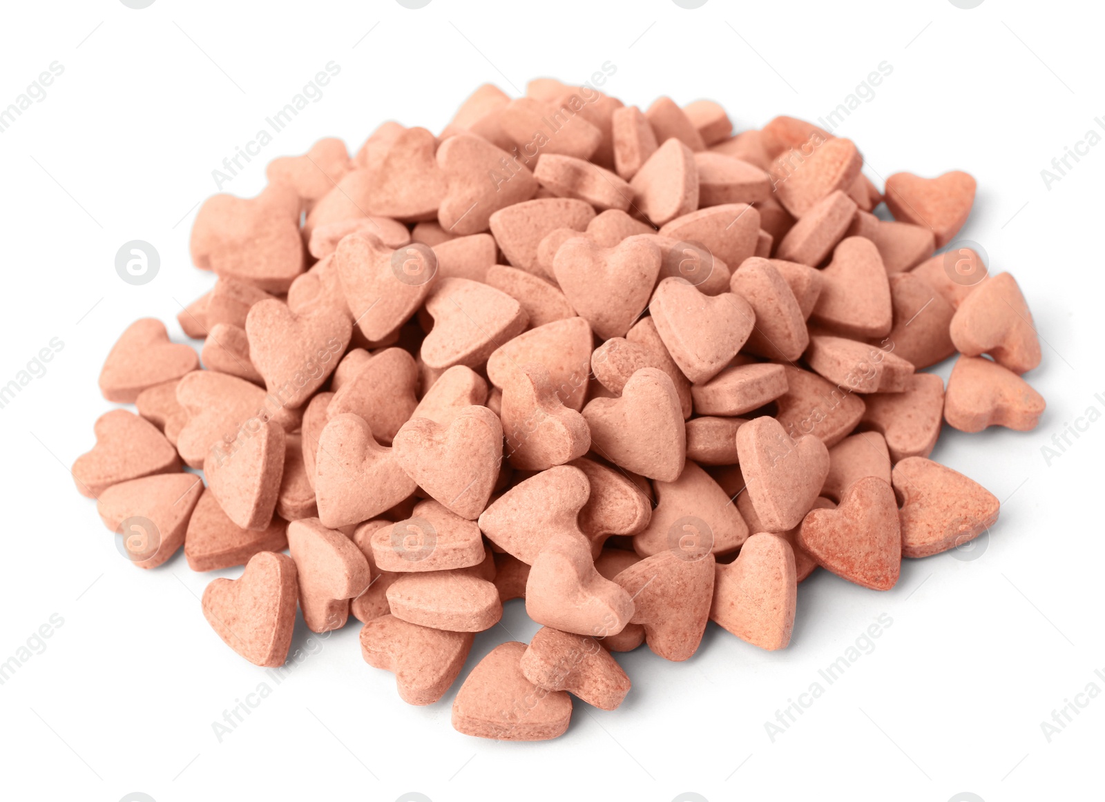 Photo of Many heart shaped vitamins for pets isolated on white