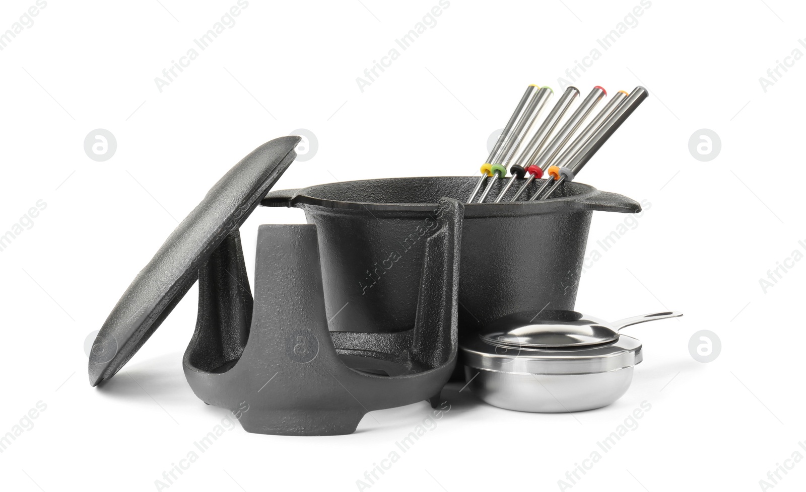 Photo of Fondue set isolated on white. Cooking utensils