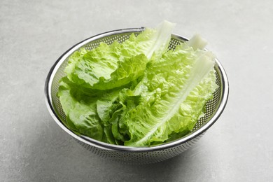 Colander with fresh leaves of green romaine lettuce on light grey table