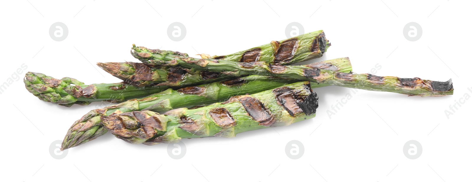 Photo of Tasty grilled green asparagus isolated on white