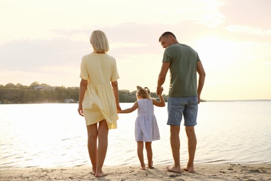 Photo of Happy parents with their child on beach, back view. Spending time in nature