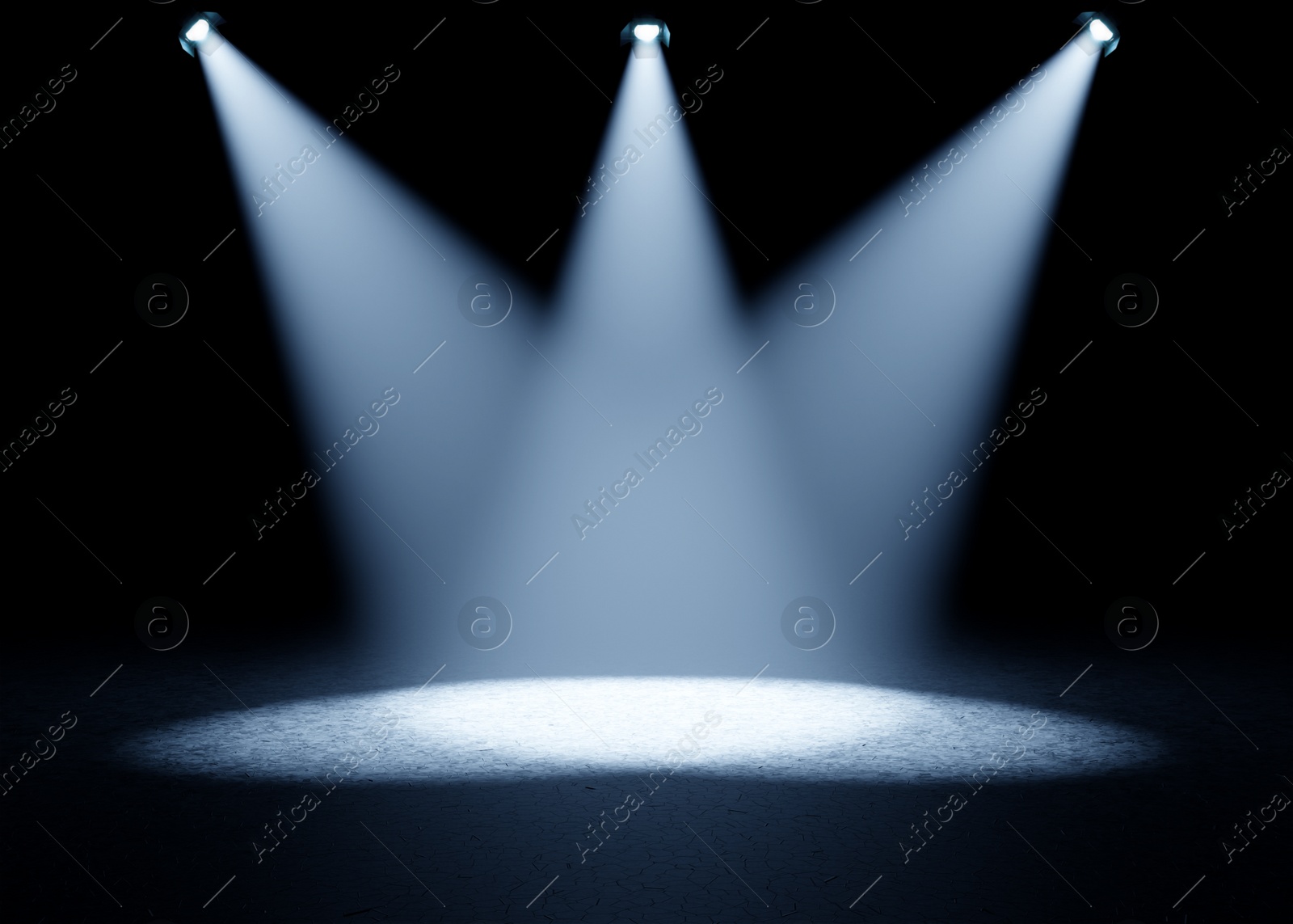 Image of Bright spotlights in dark room. Performance equipment