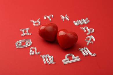 Zodiac signs and hearts on red background