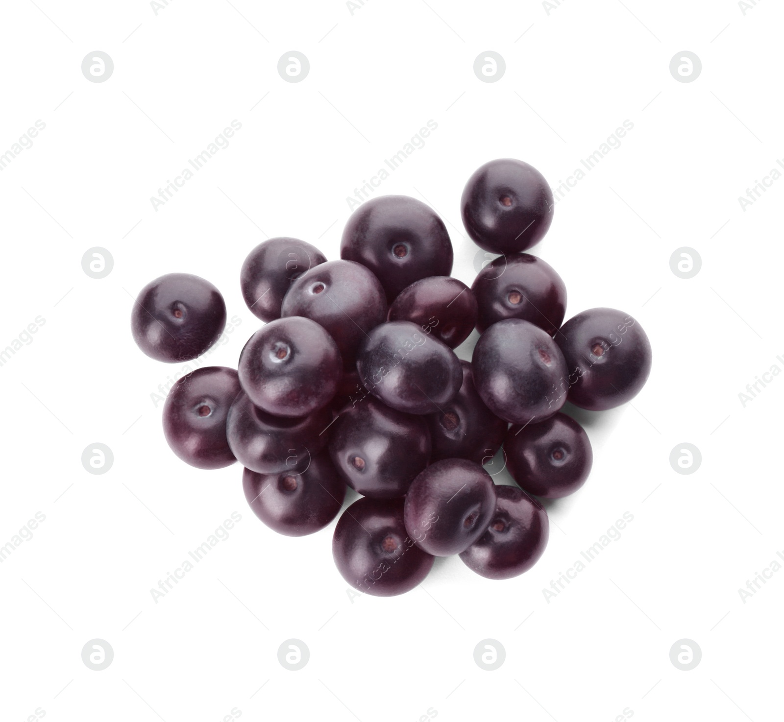 Photo of Pile of fresh acai berries isolated on white, top view