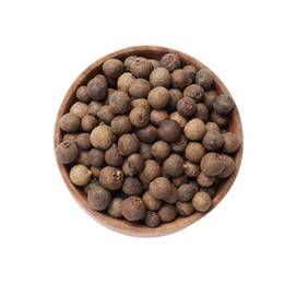 Photo of Dry allspice berries (Jamaica pepper) in bowl isolated on white, top view