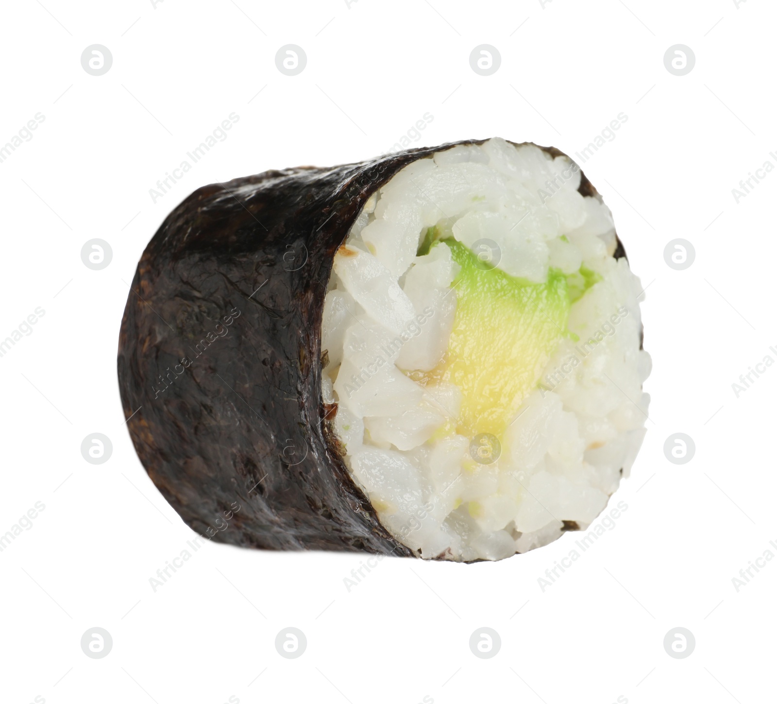 Photo of Delicious fresh sushi roll with avocado isolated on white