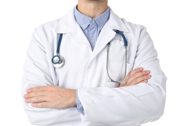 Photo of Young medical student in uniform on white background