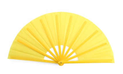 Bright yellow hand fan isolated on white, top view