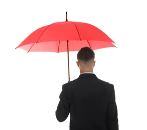 Businessman with red umbrella on white background, back view