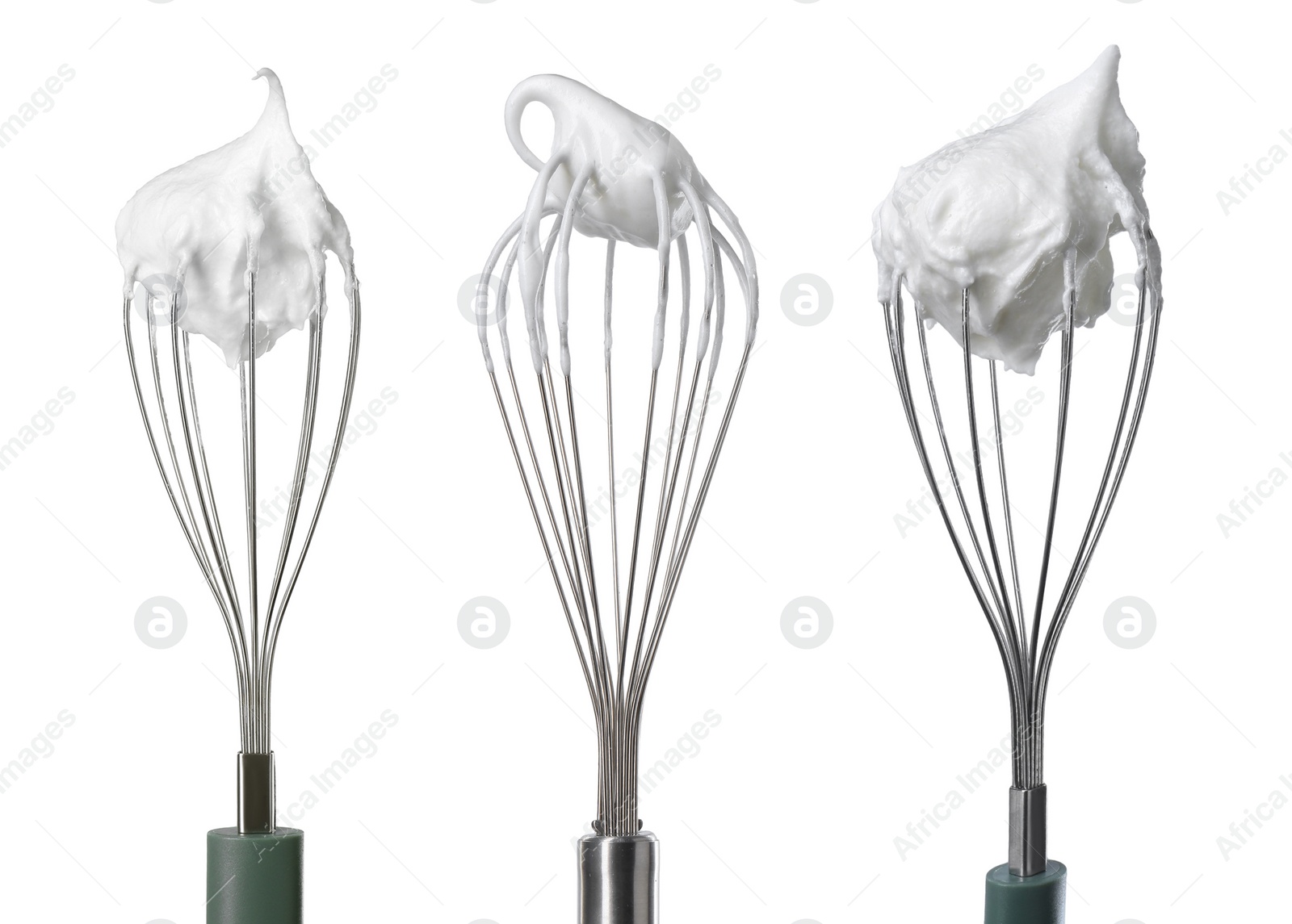 Image of Many different whisks with cream isolated on white, collection