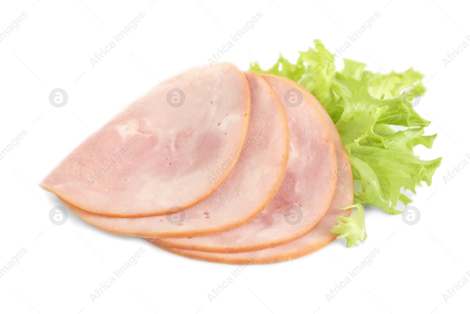 Photo of Slices of tasty fresh ham and lettuce isolated on white