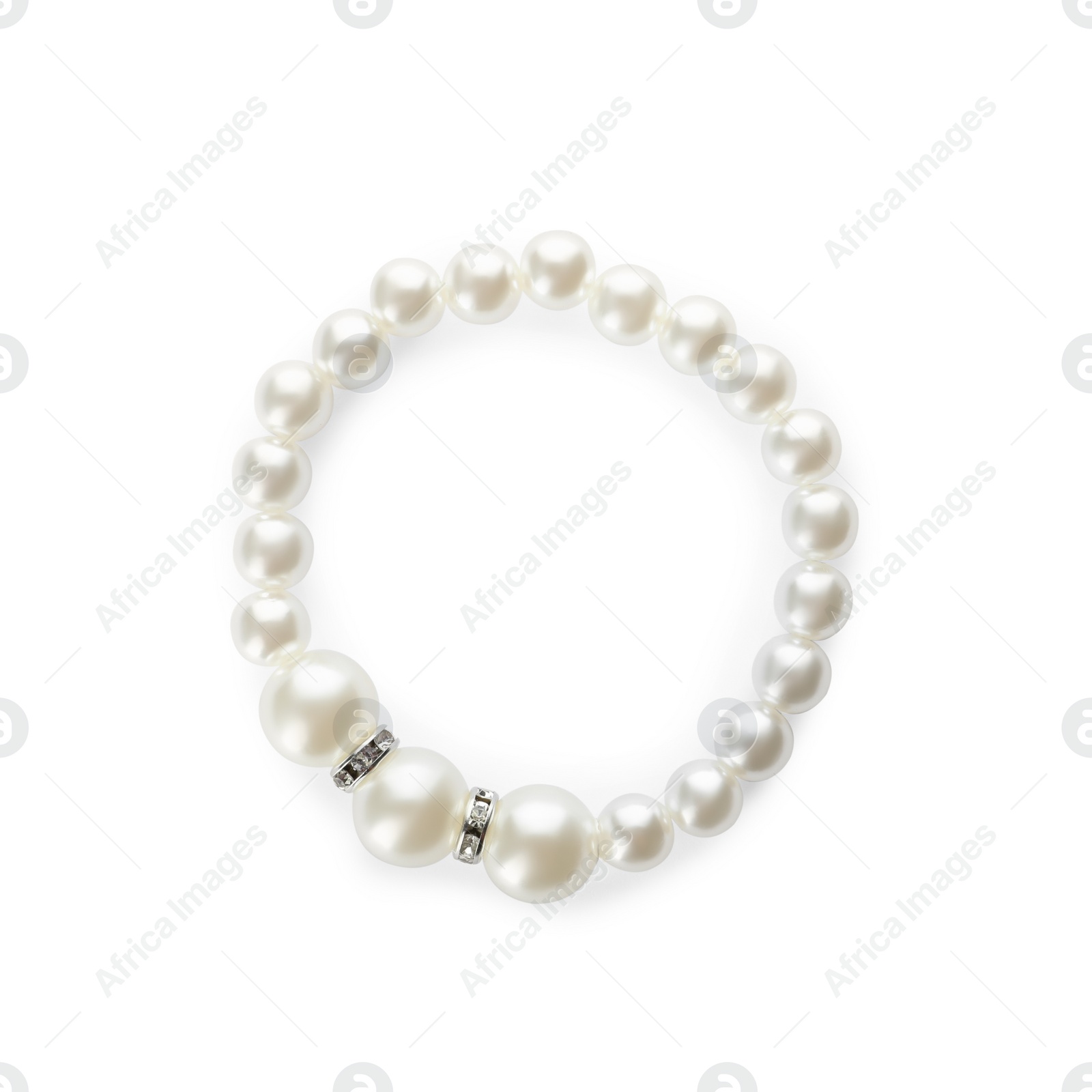 Photo of Elegant pearl bracelet isolated on white, top view