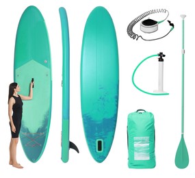 Image of Happy woman with SUP board and different equipment for stand up paddle boarding isolated on white, set of photos