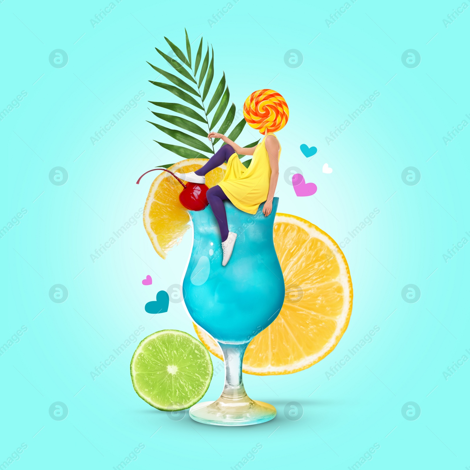 Image of Candy woman sitting on glass of cocktail against colorful background. Summer party concept. Stylish creative design