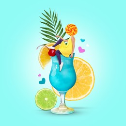 Image of Candy woman sitting on glass of cocktail against colorful background. Summer party concept. Stylish creative design