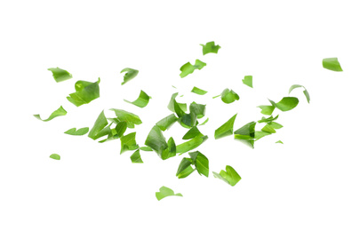 Cut fresh green parsley on white background