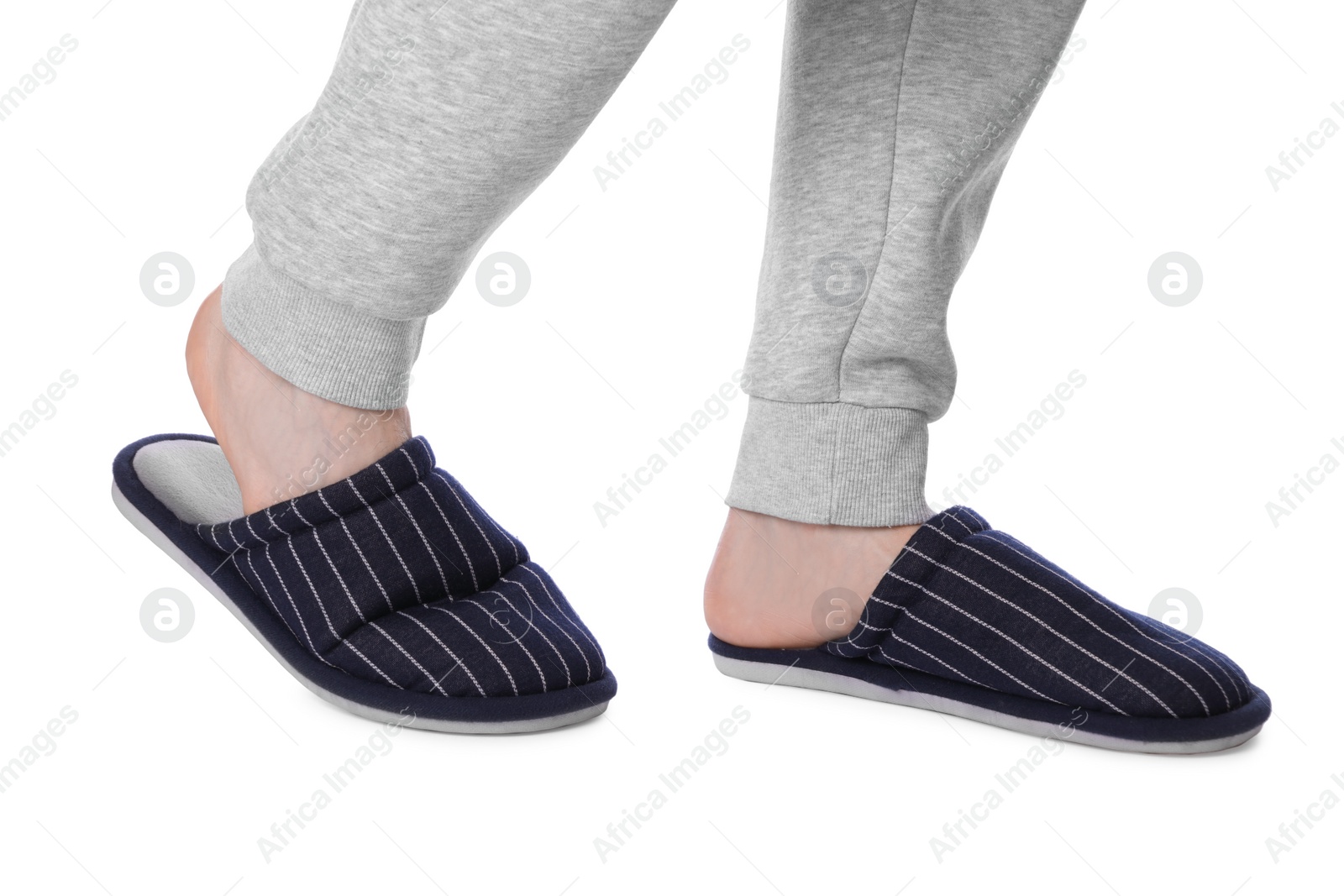 Photo of Man in soft slippers on white background, closeup