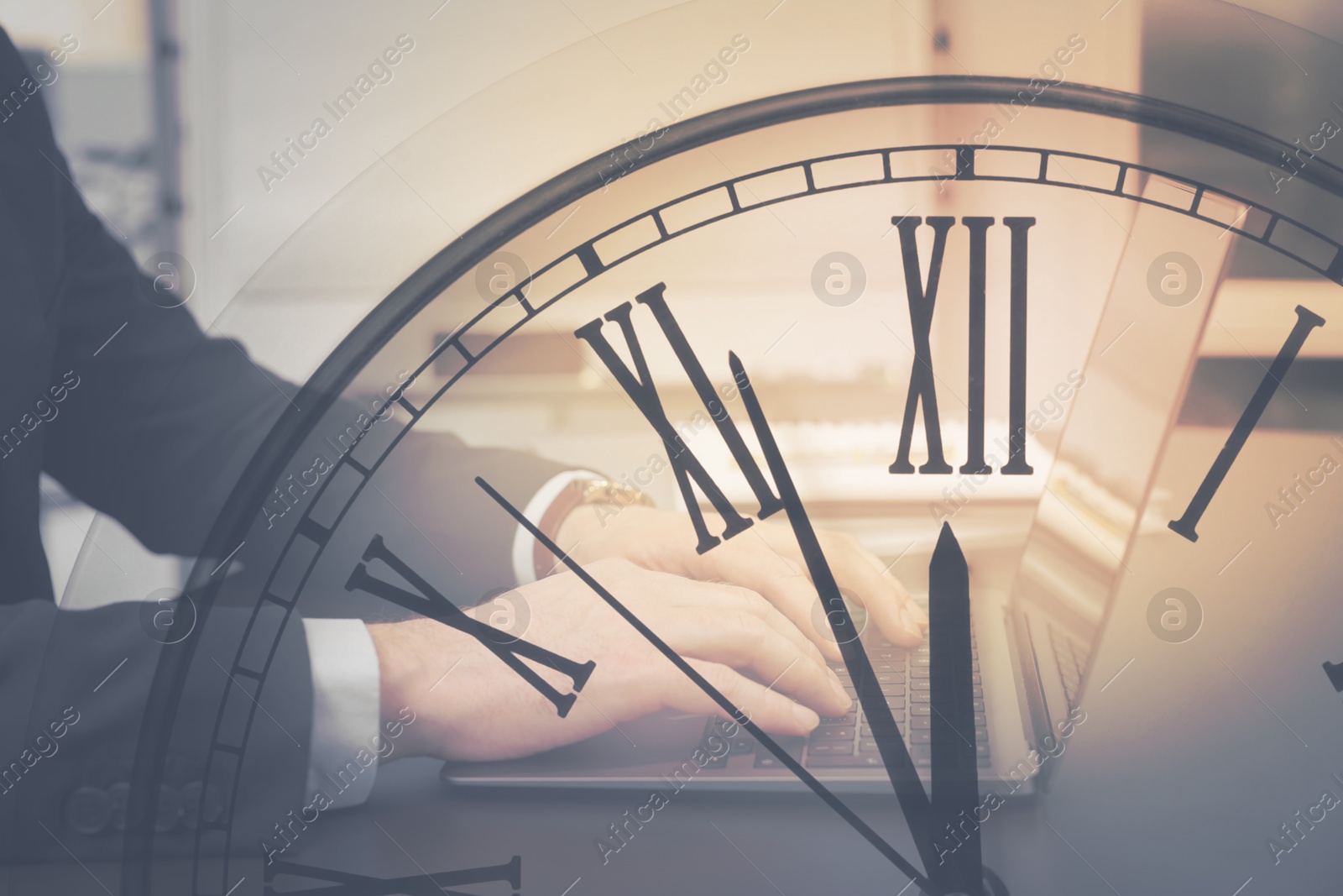 Image of Man and clock, double exposure. Time concept