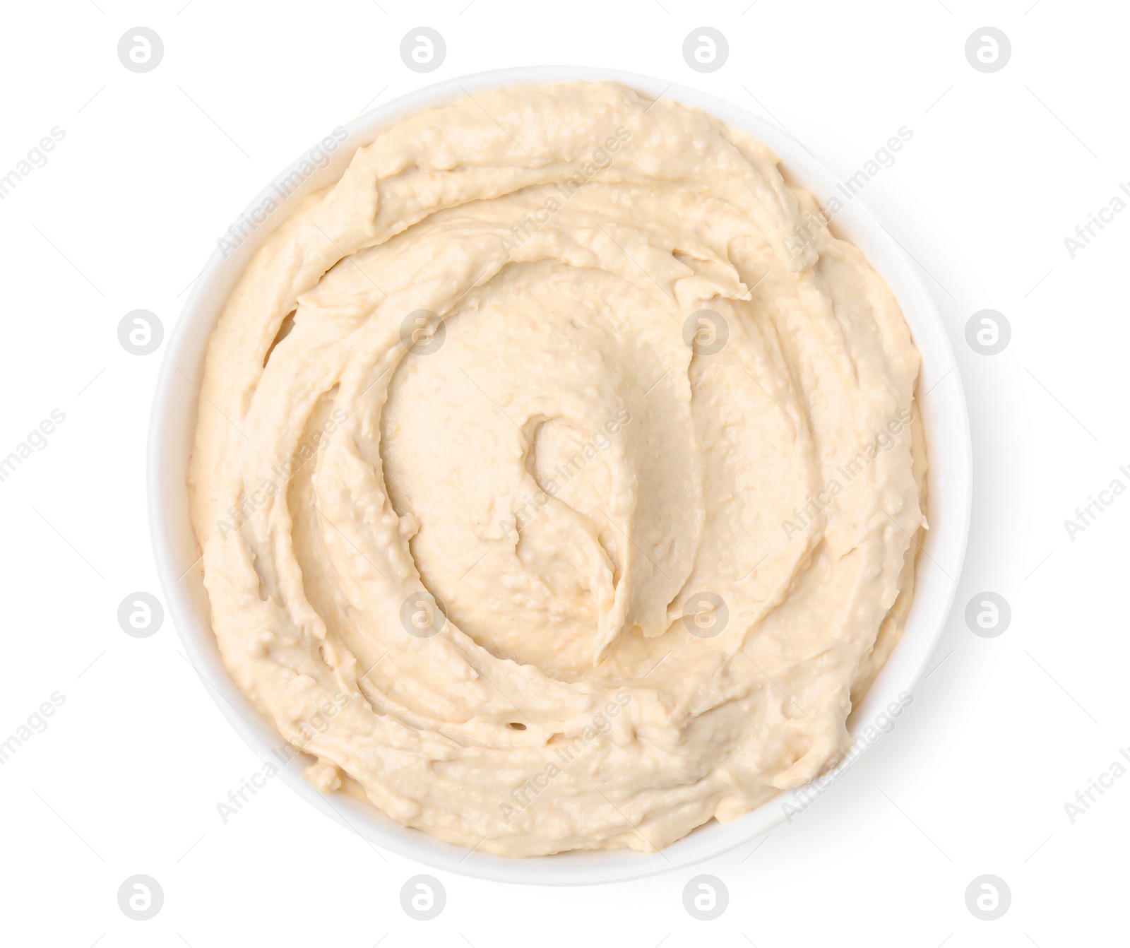 Photo of Bowl of delicious hummus isolated on white, top view