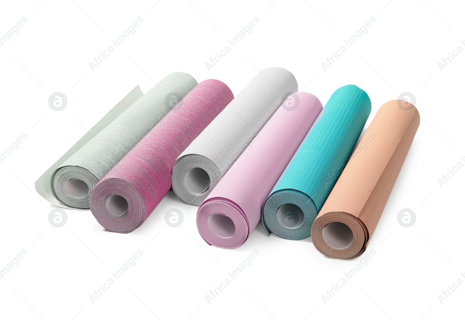 Image of Different colorful wallpaper rolls isolated on white