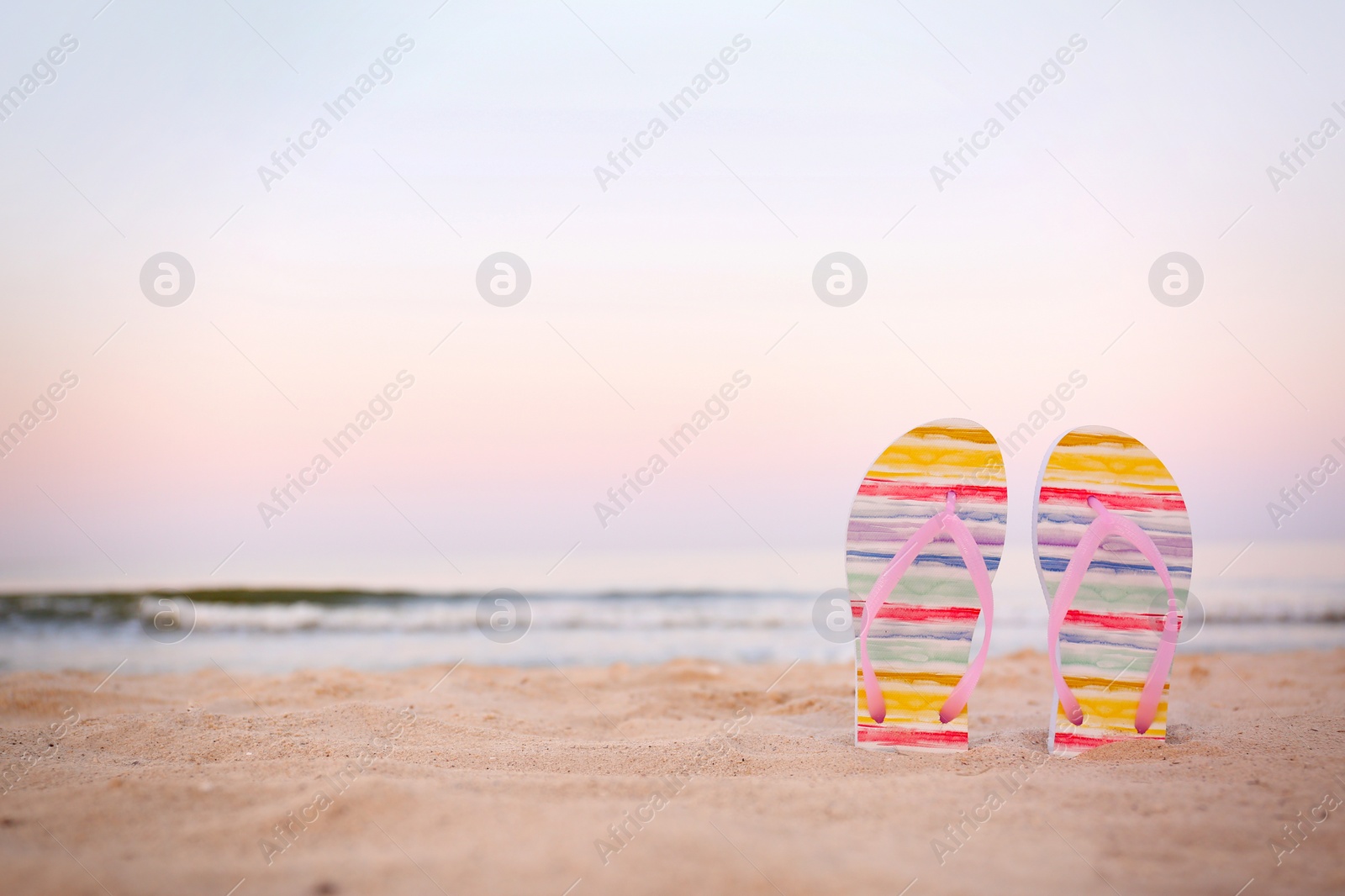 Photo of Stylish flip flops on sand near sea, space for text. Beach accessories